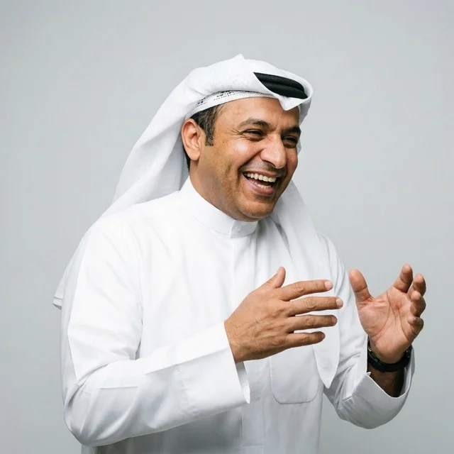 رجل سعودي يضحك مع إيماءات يد معبرة بخلفية بيضاء
