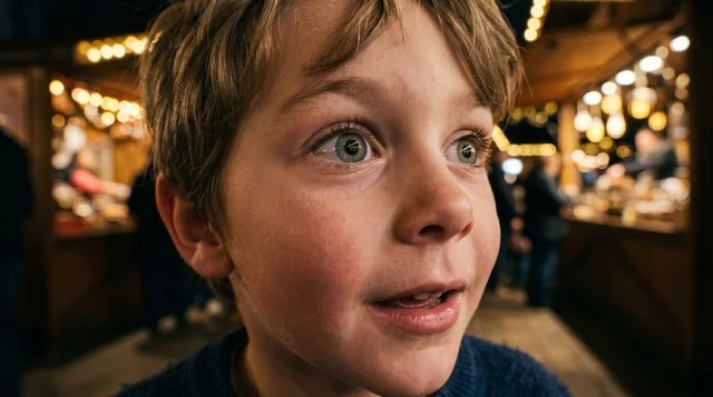 Kuwaiti Boy at Night Market with Golden Lights
