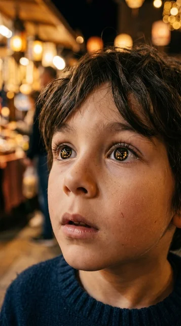 Kuwaiti Boy at Night Market with Golden Bokeh Lights