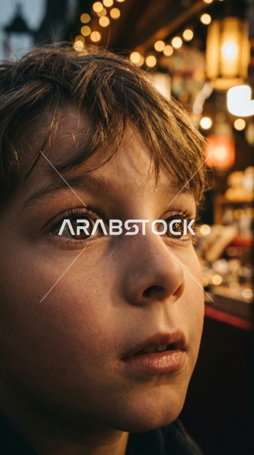 بورتريه مقرب لطفل كويتي ينظر لأضواء السوق