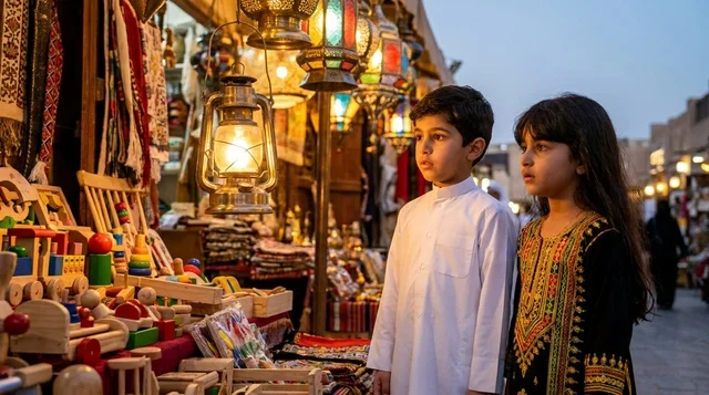 أطفال كويتيون في دكان تراثي قديم مع فوانيس وألعاب