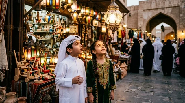 أطفال كويتيون يستكشفون فوانيس وألعاب في سوق تراثي قديم