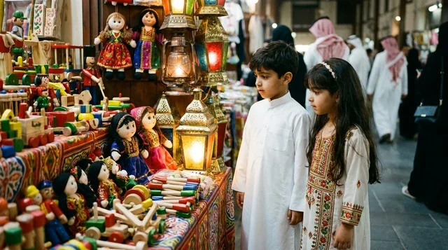 Kuwaiti Children Exploring Traditional Toys and Lanterns