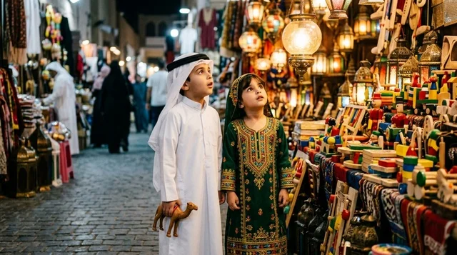 Kuwaiti Children in Traditional Heritage Market with Lanterns