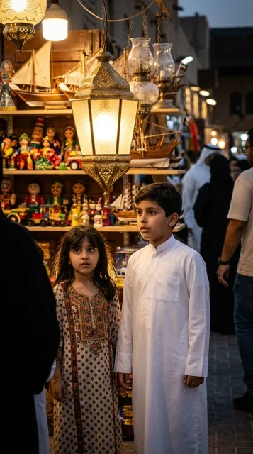 Kuwaiti Children in Heritage Shop with Lanterns