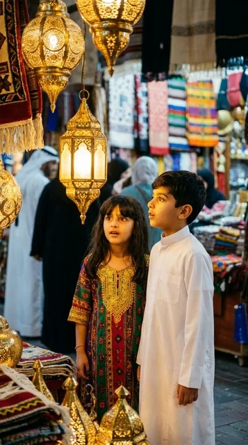أطفال كويتيون في سوق تراثي يستكشفون الفوانيس الذهبية