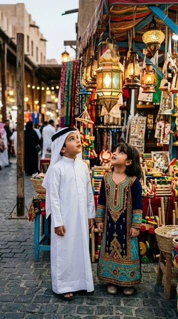 أطفال كويتيون في دكان فوانيس بسوق تراثي شعبي