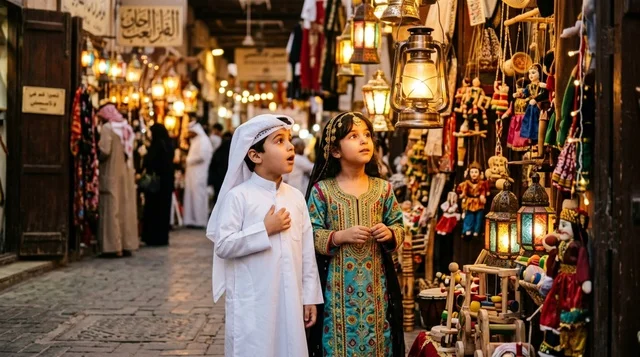 أطفال كويتيون في سوق تراثي مع فوانيس رمضان