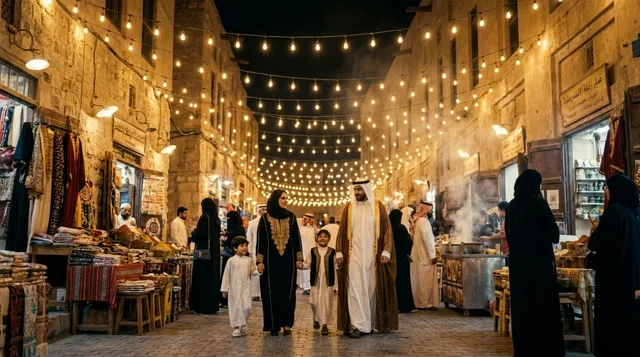عائلة كويتية في سوق المباركية التراثي خلال ليالي العيد