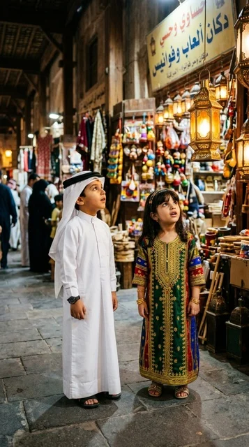 أطفال كويتيون في سوق تراثي بملابس تقليدية وفوانيس