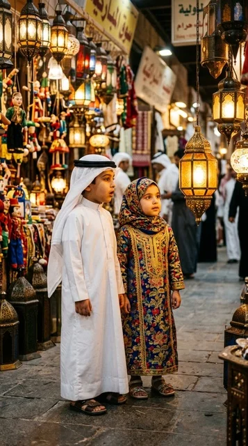 أطفال كويتيون في سوق تراثي مع فوانيس تقليدية
