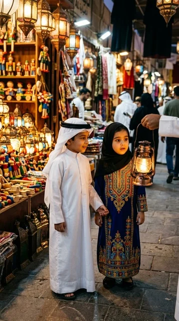 أطفال كويتيون في سوق تراثي مع فوانيس وألعاب شعبية