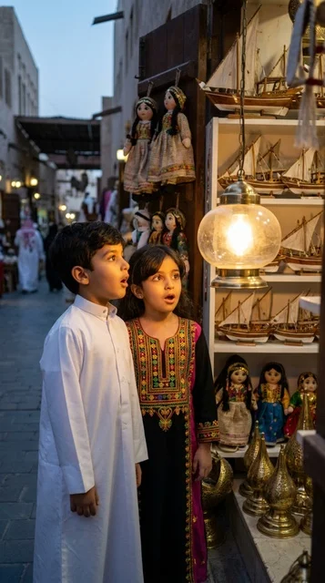 Kuwaiti Children in Traditional Market with Lanterns