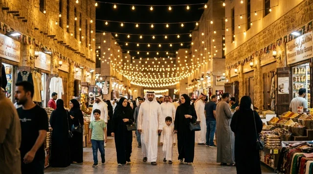 عائلة كويتية في سوق المباركية التراثي ليلاً