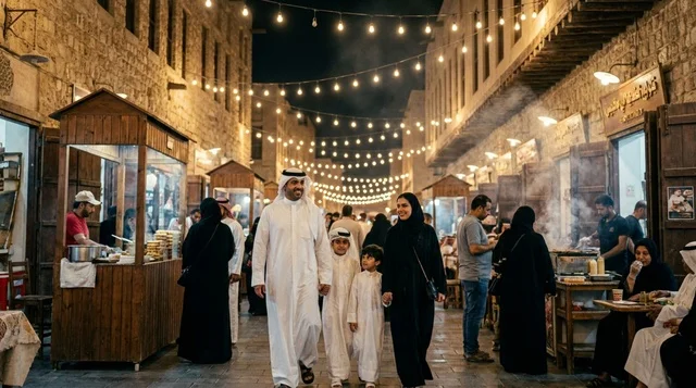 عائلة كويتية في سوق المباركية ليلاً بالعيد