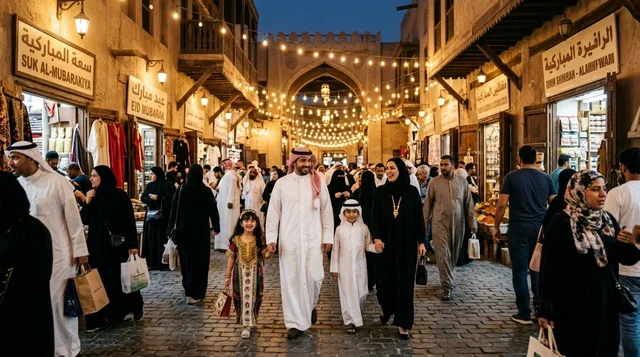 عائلة كويتية في سوق المباركية خلال ليالي العيد