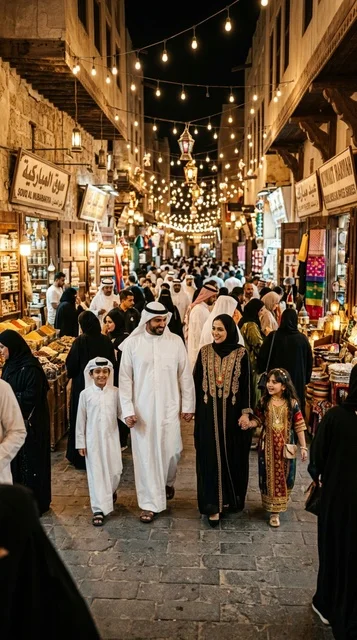عائلة كويتية في سوق المباركية خلال احتفالات العيد ليلاً