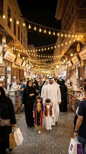 عائلة كويتية في سوق المباركية خلال احتفالات ليلة العيد