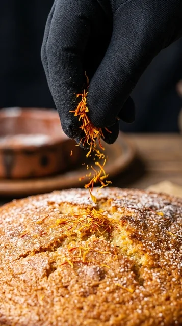 رش خيوط الزعفران على كيكة قرص العقيلي
