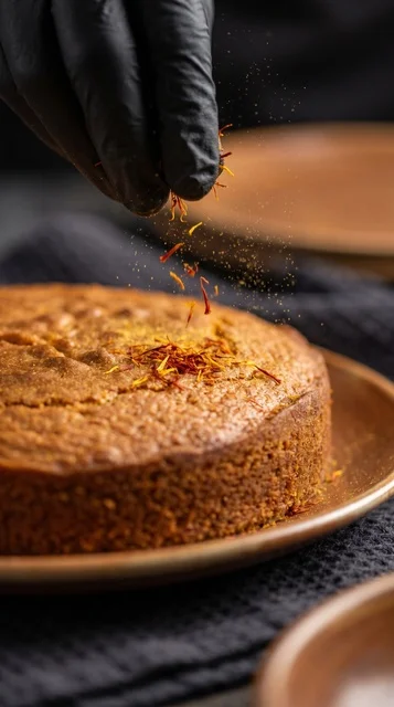 Sprinkling Saffron Threads on Gars Ogaily Cake Macro