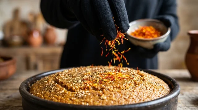 لقطة مقربة لرش الزعفران على كيكة قرص العقيلي التقليدية
