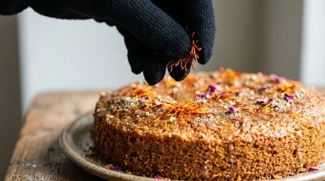 Saffron Sprinkled on Qurs Ugaili Cake Macro Shot