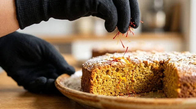 Chef Sprinkling Saffron on Traditional Gars Ogaili Cake