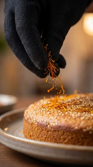 Sprinkling Saffron on Traditional Gers Ogaily Cake Close-up