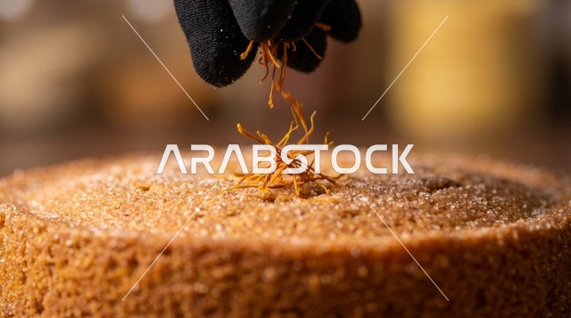 رش خيوط الزعفران على كيكة قرص عقيلي ماكرو