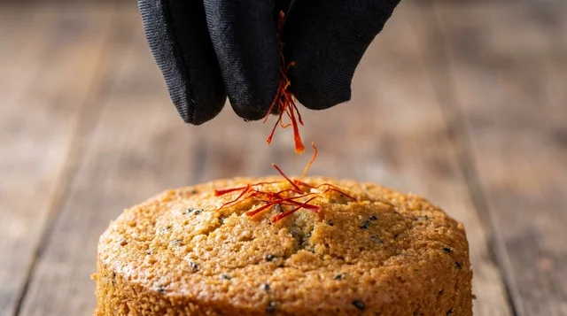 Saffron Sprinkled on Gers Ogaily Cake Macro Shot