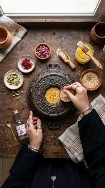 Kuwaiti Gurs Ogaili Cake Ingredients Flat Lay