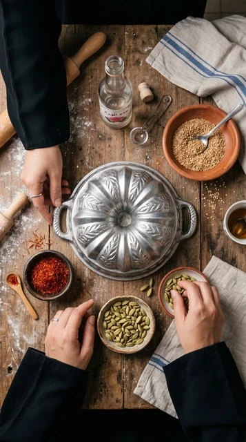 Traditional Kuwaiti Girs Ogaily Cake Ingredients Flat Lay