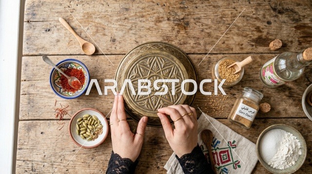 تجهيز مكونات كيكة قرص العقيلي الكويتية تصوير علوي