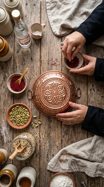 Kuwaiti Gers Ogaily Cake Ingredients Flat Lay