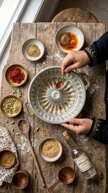 Kuwaiti Gers Ogaily Cake Ingredients Preparation Flat Lay