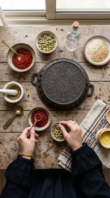 Kuwaiti Gars El Ogaili Cake Ingredients Flat Lay