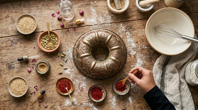 Kuwaiti Gars Ogaili Cake Ingredients Flat Lay