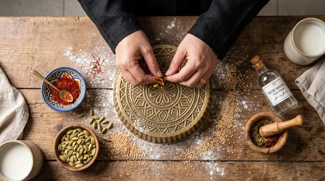 Kuwaiti Gars Ogaili Cake Ingredients Flat Lay