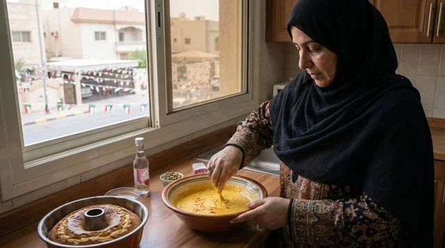 امرأة كويتية تحضر قرص عقيلي في المطبخ