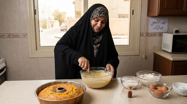 Kuwaiti Woman Baking Traditional Gers Ogaily Cake