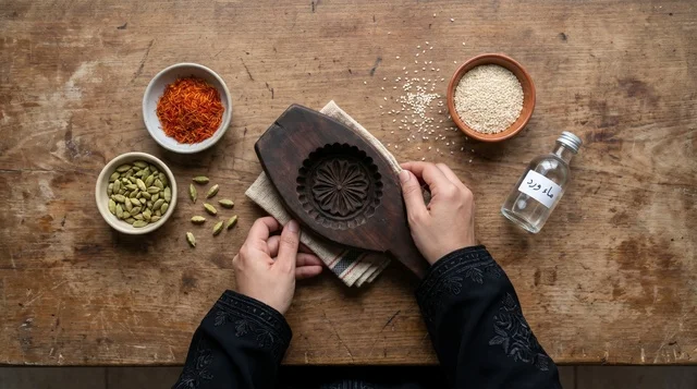 Traditional Kuwaiti Girs Ogaily Cake Ingredients Flat Lay