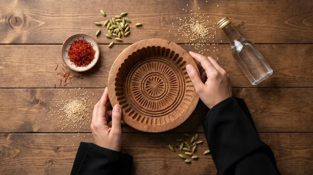 Traditional Kuwaiti Gars Ogaily Cake Ingredients Flat Lay