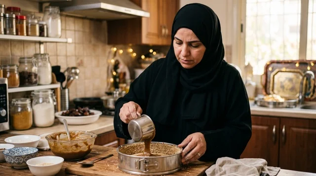 امرأة كويتية تحضر قرص عقيلي في المطبخ
