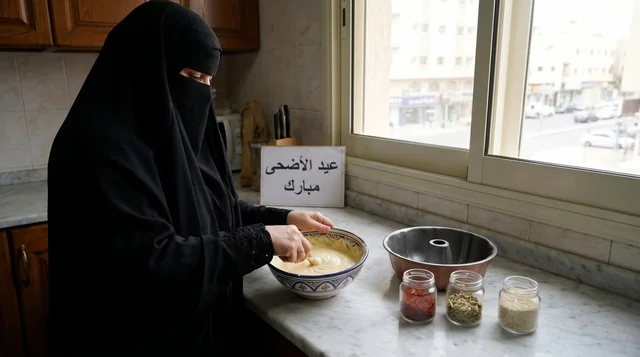 امرأة كويتية تحضر قرص العقيلي في المطبخ