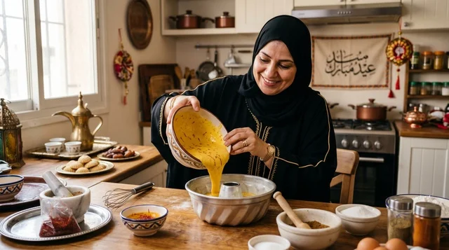 امرأة كويتية محجبة تحضر قرص العقيلي في المطبخ