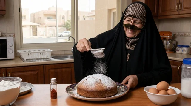 سيدة كويتية تنخل السكر فوق قرص عقيلي