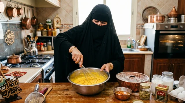 امرأة كويتية تحضر قرص عقيلي في مطبخ تقليدي