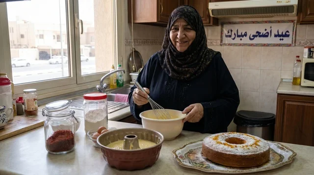 امرأة كويتية تخبز قرص عقيلي في المطبخ