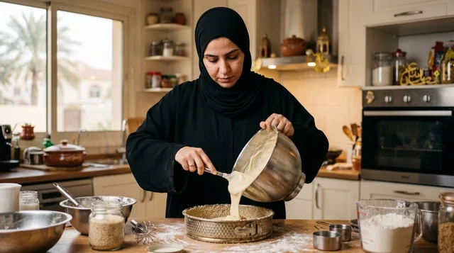 Kuwaiti Woman Baking Gers Ogaili Cake in Kitchen