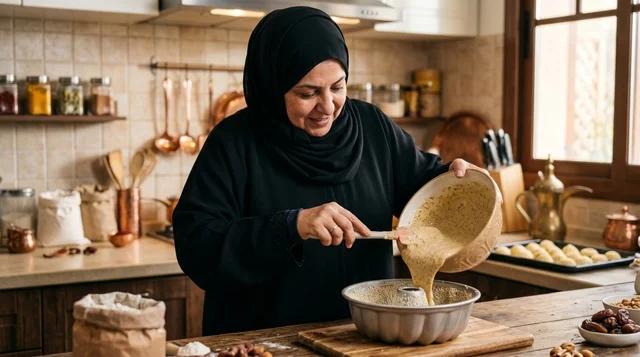 امرأة كويتية تصب خليط قرص العقيلي في المطبخ